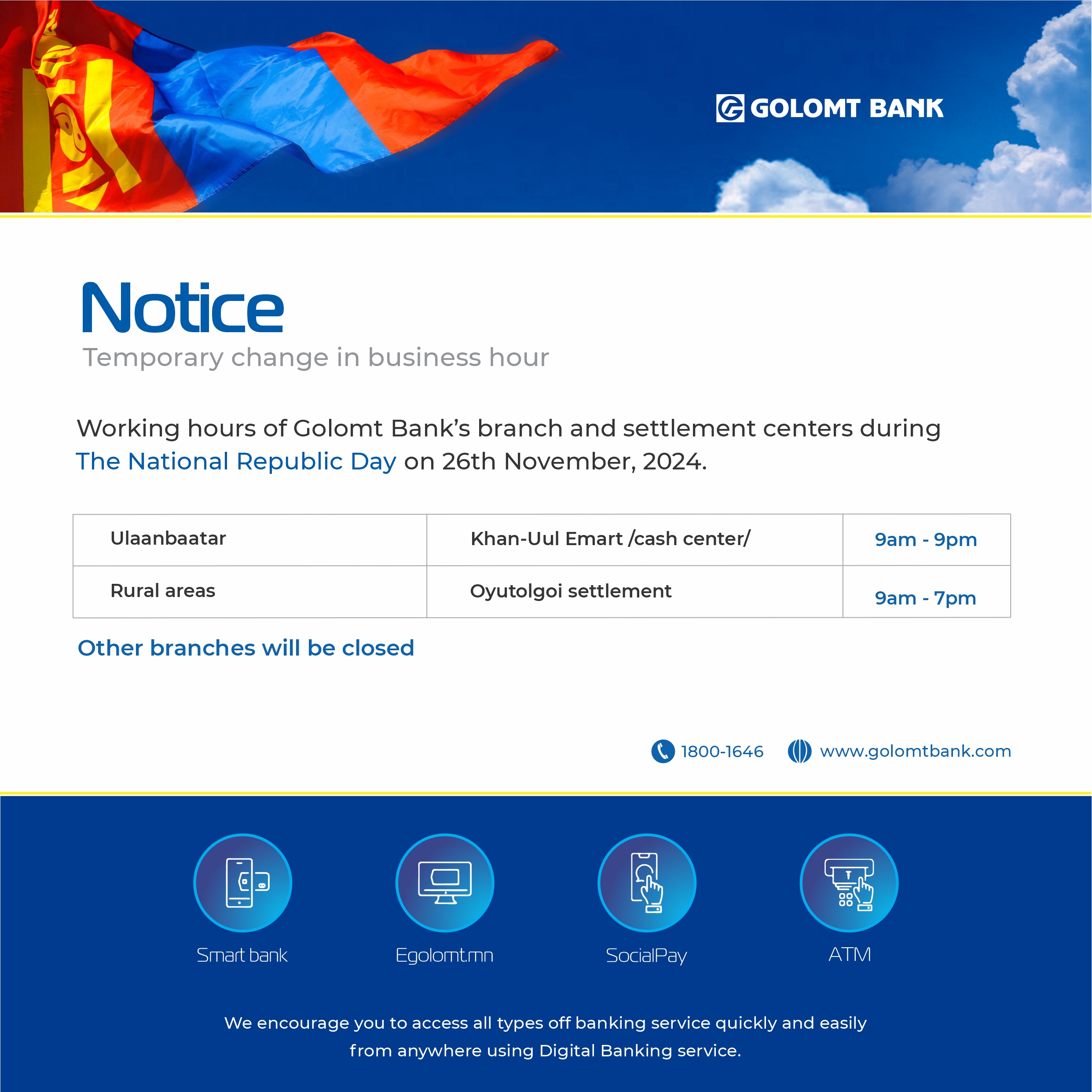 Working hours of Golomt Bank&#039;s branch and settlement centers during &quot;The National Republic Day&quot;.