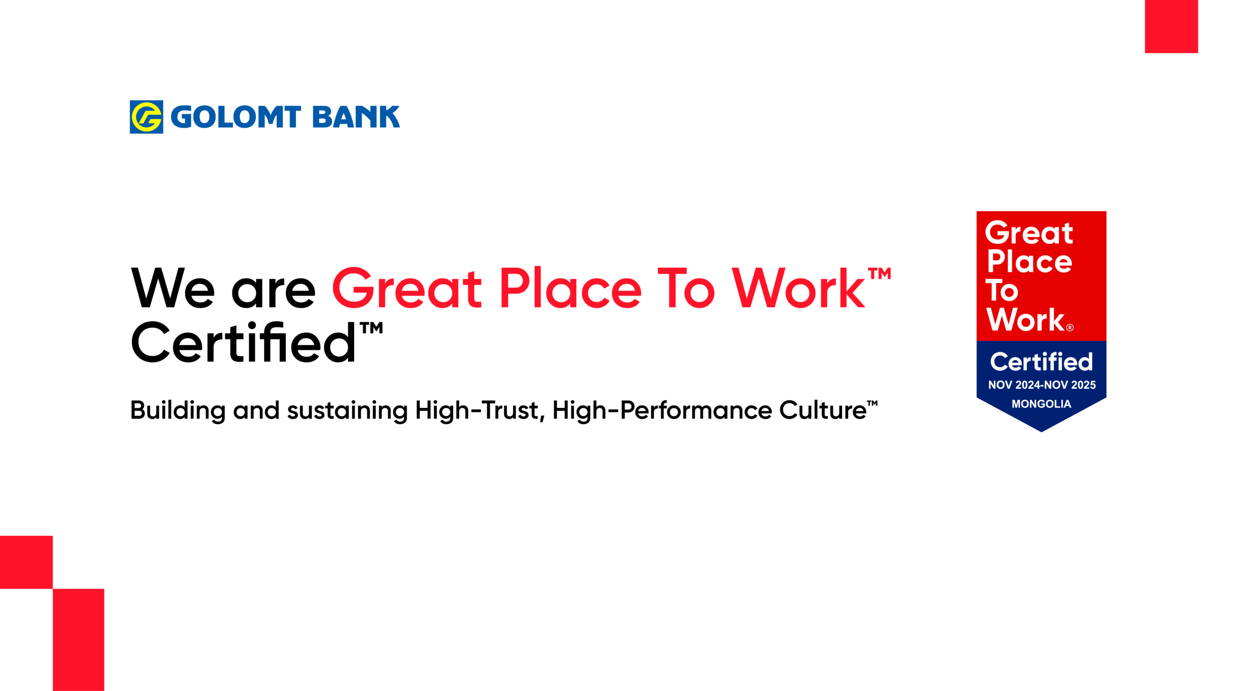 Golomt Bank certified as a Great Place to Work ™ for the third consecutive year